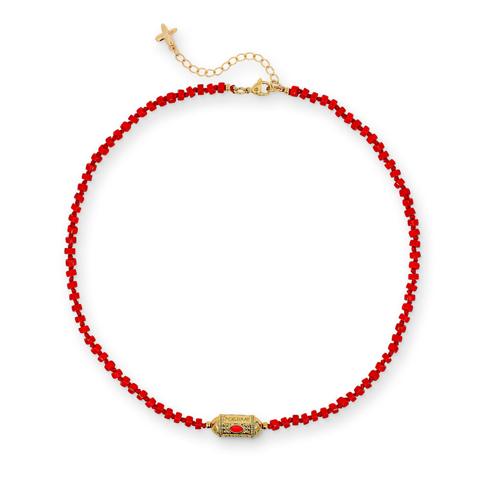 Red Natural Stone Beaded Charm Necklace