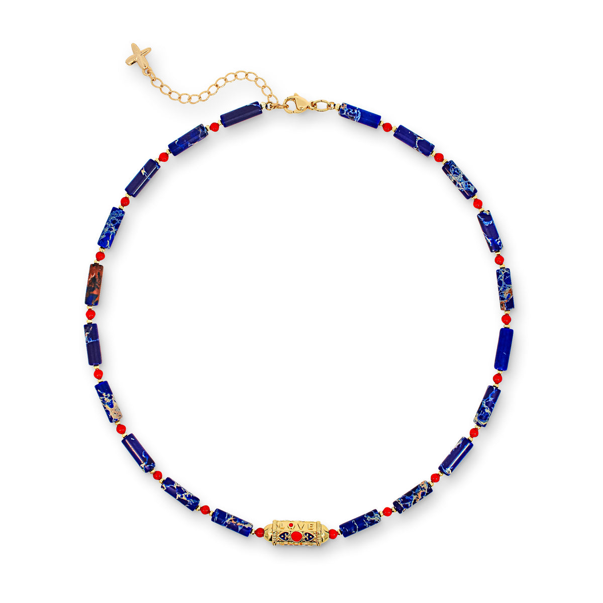 & Red Natural Stone Beaded Charm Necklace