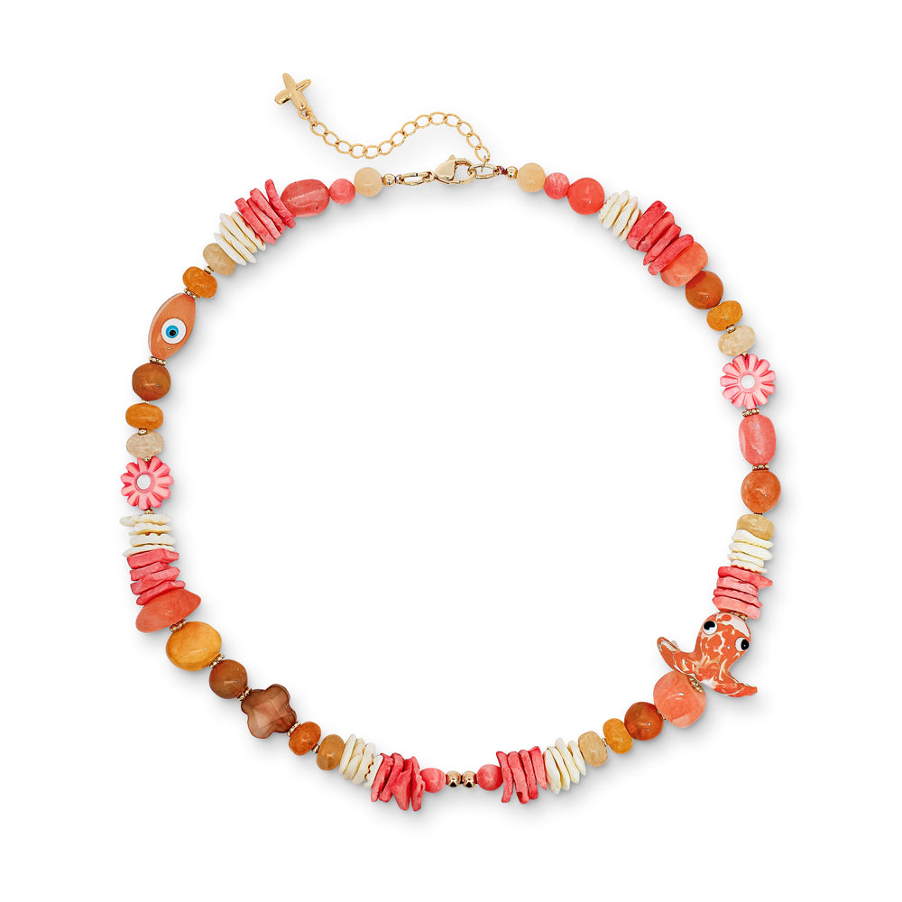 Coral, Orange and Yellow Mixed Jade Natural Stone and Shell Beaded Charm Necklace