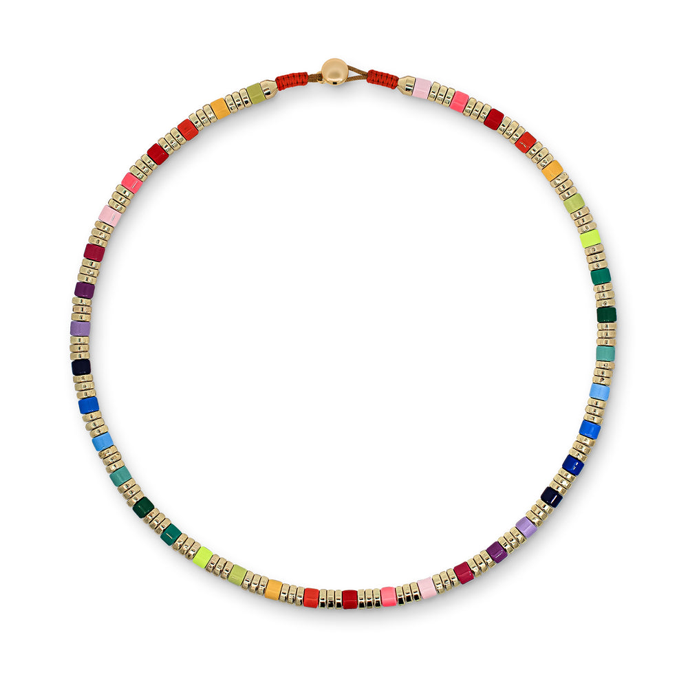 Multicoloured Rainbow and Gold Metal Beaded Necklace