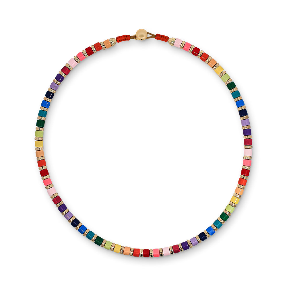 Multicoloured Rainbow and Gold Metal Beaded Necklace