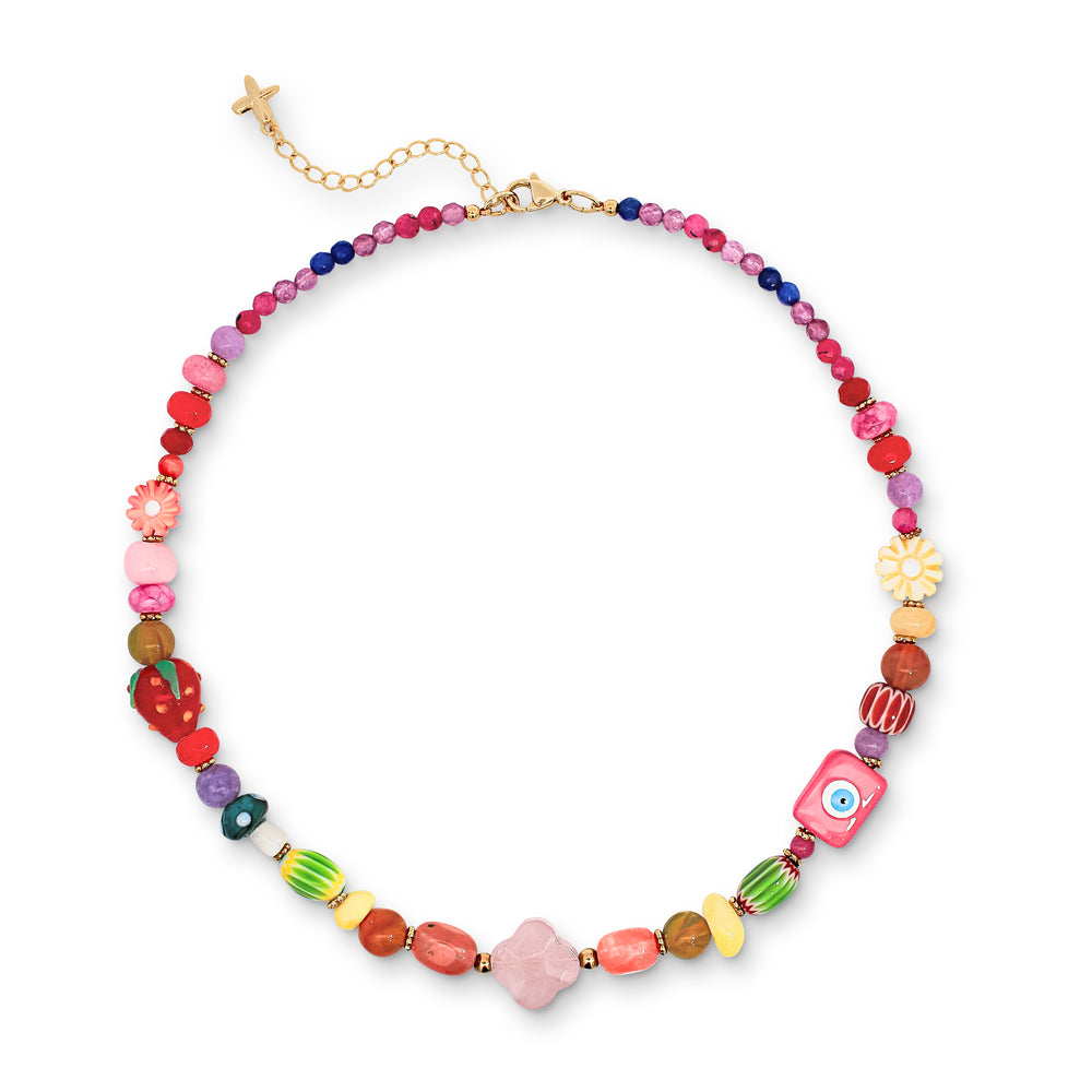 Multicoloured Rainbow Natural Stone Beaded Charm Necklace