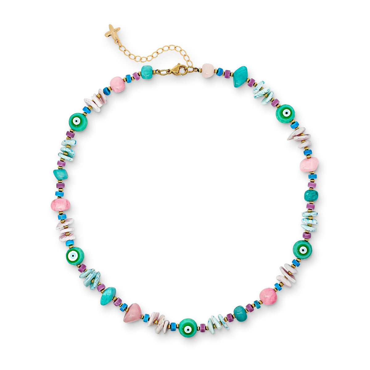 Pink & Green Mixed Natural Jade Stone Shell Beaded Necklace