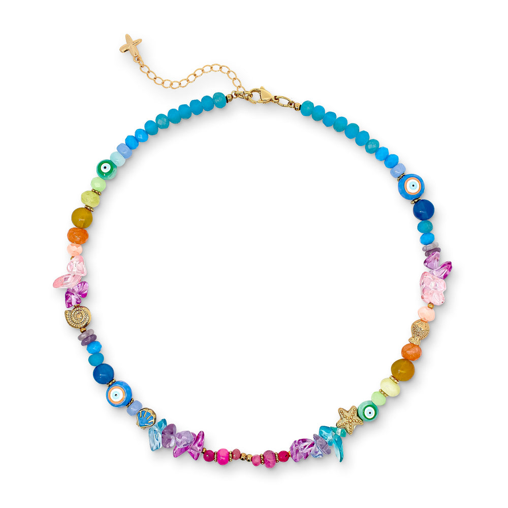 Multicoloured Rainbow Natural Stone and Glass Beaded Charm Necklace