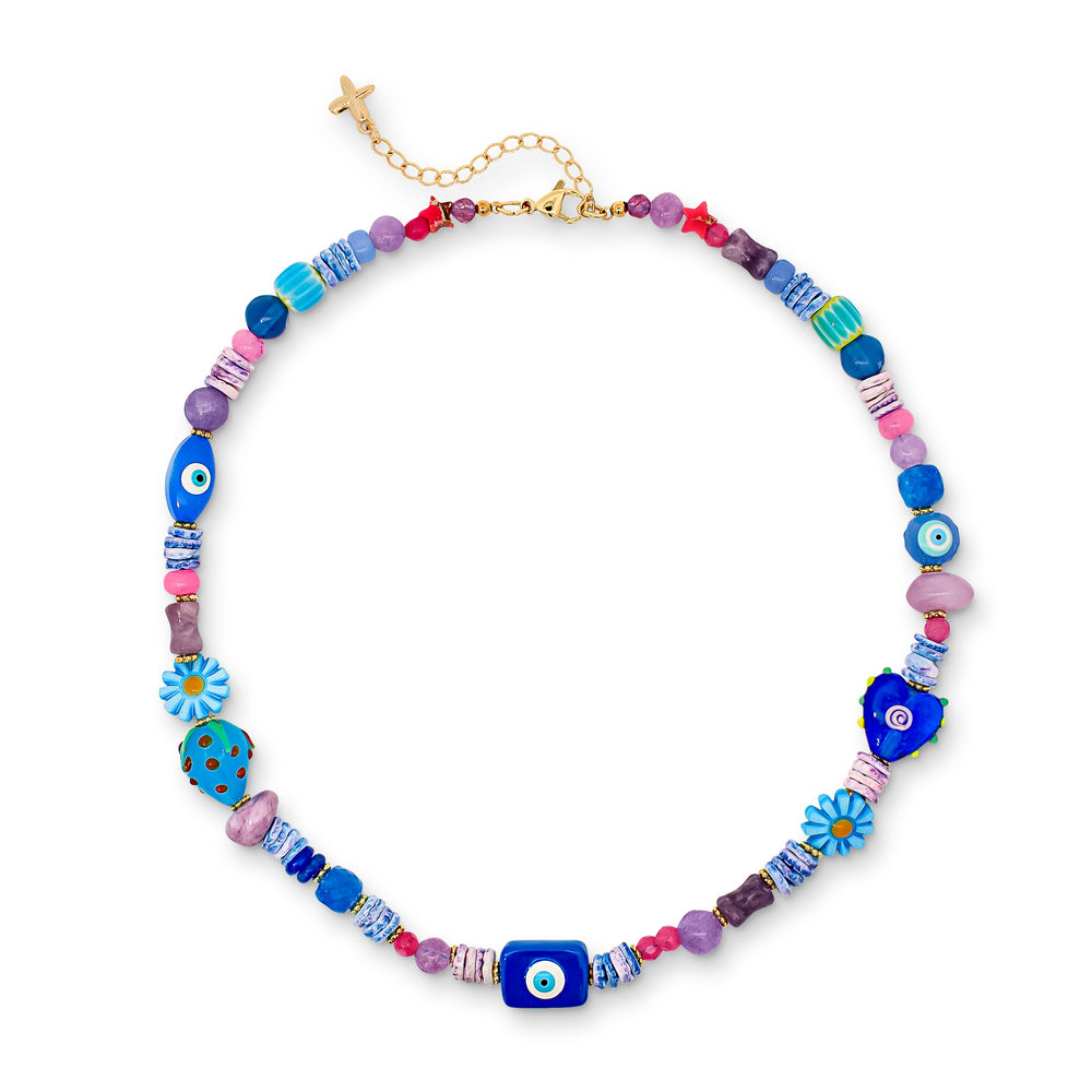 Blue and Purple Natural Stone Beaded Charm Necklace