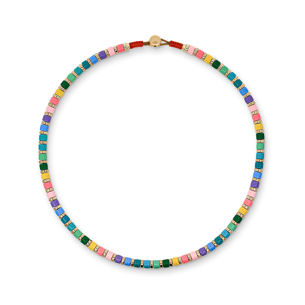 Multicoloured Pastel Rainbow and Gold Metal Beaded Necklace