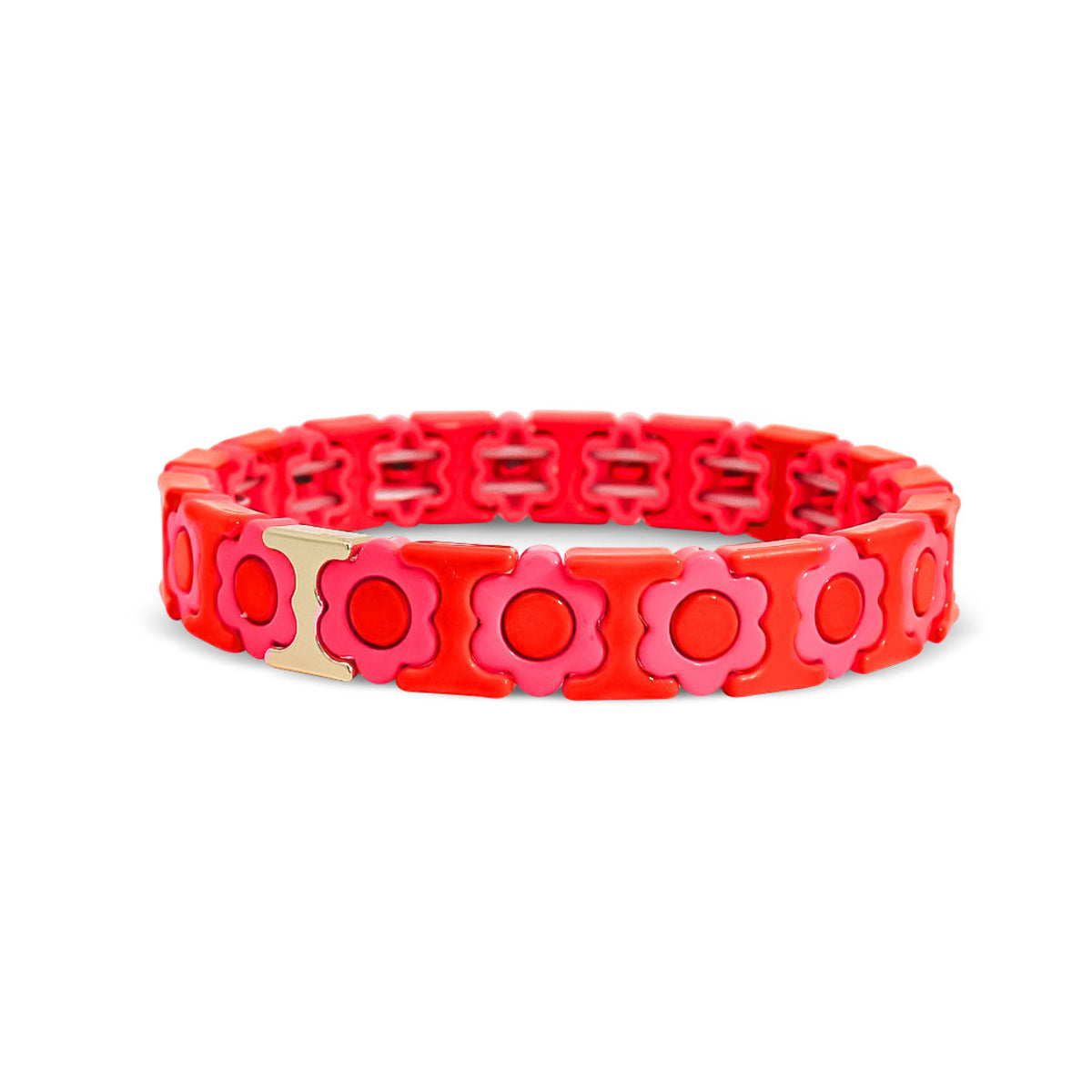 Red Neon Pink Flower Metal Beaded Bracelet