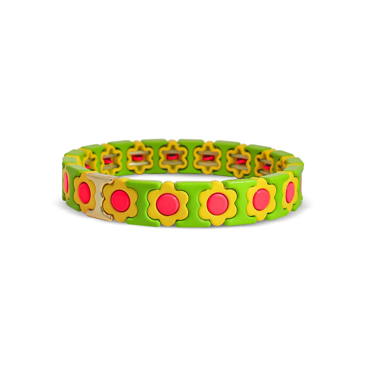 Green Yellow Pink Flower Metal Beaded Bracelet