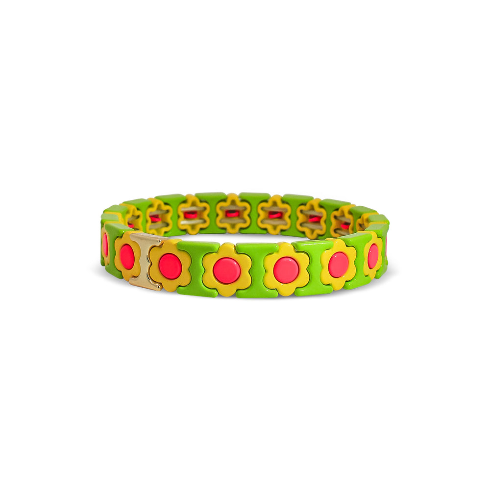 Green, Yellow and Pink Flower Metal Beaded Bracelet