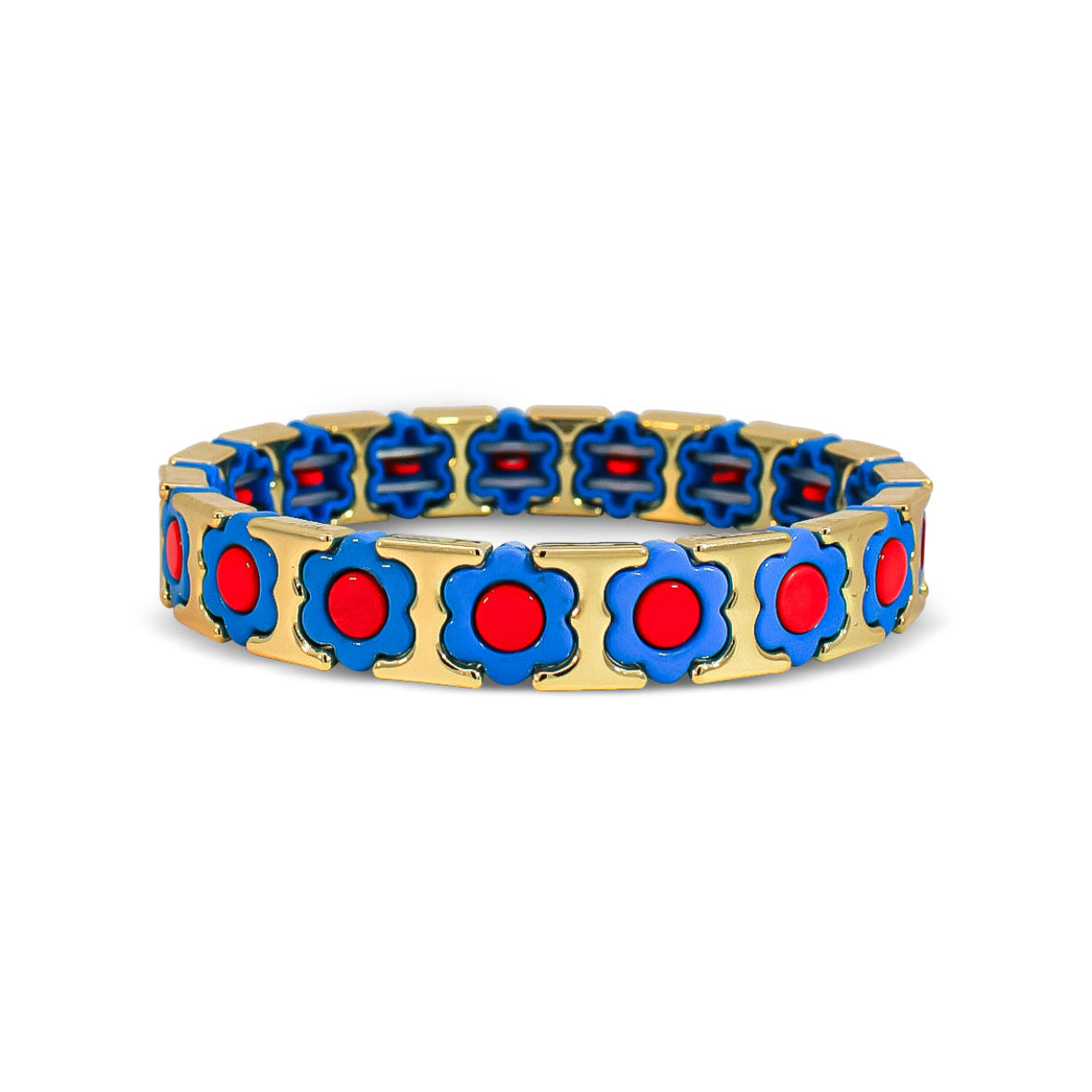 Red Flower Gold Tone Metal Beaded Bracelet