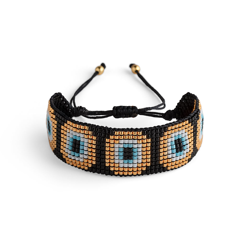 Black, Gold, White and Blue Evil Eye Japanese Miyuki Beaded  Bracelet
