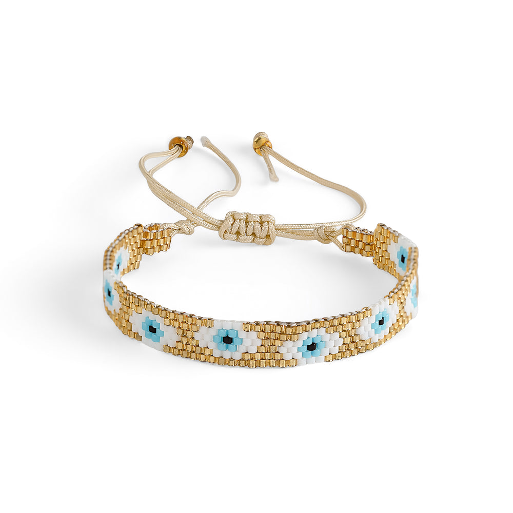 Gold, White and Blue Evil Eye Japanese Miyuki Beaded  Bracelet