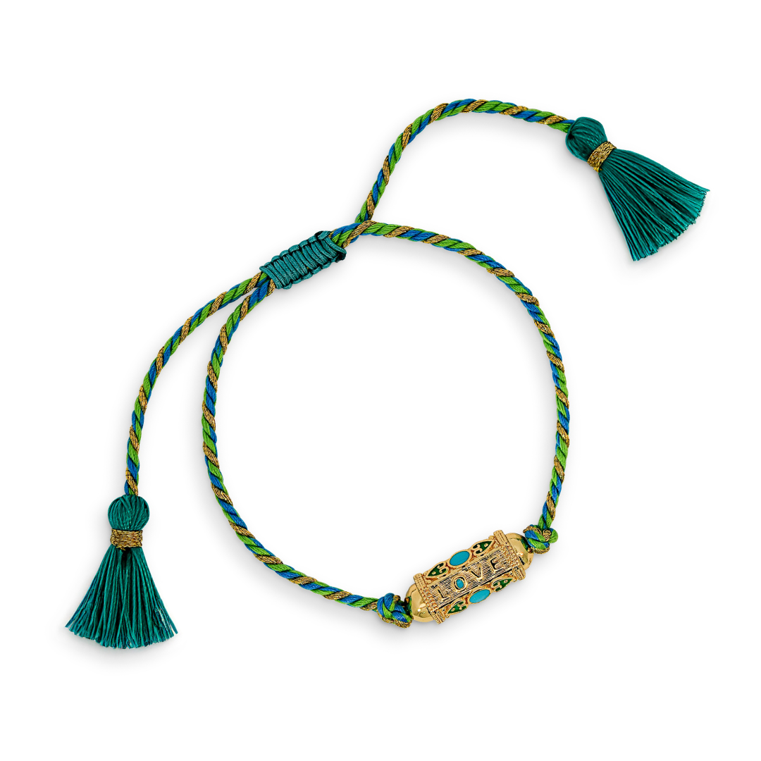 Blue & Green Love Charm Plaited Cord Bracelet with Tassels
