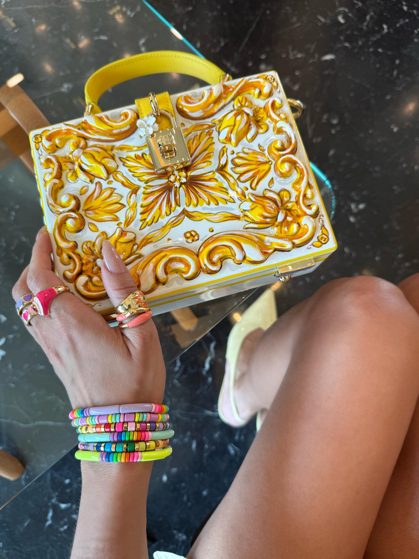 Neon Yellow and Rainbow Metal Beaded Bracelet