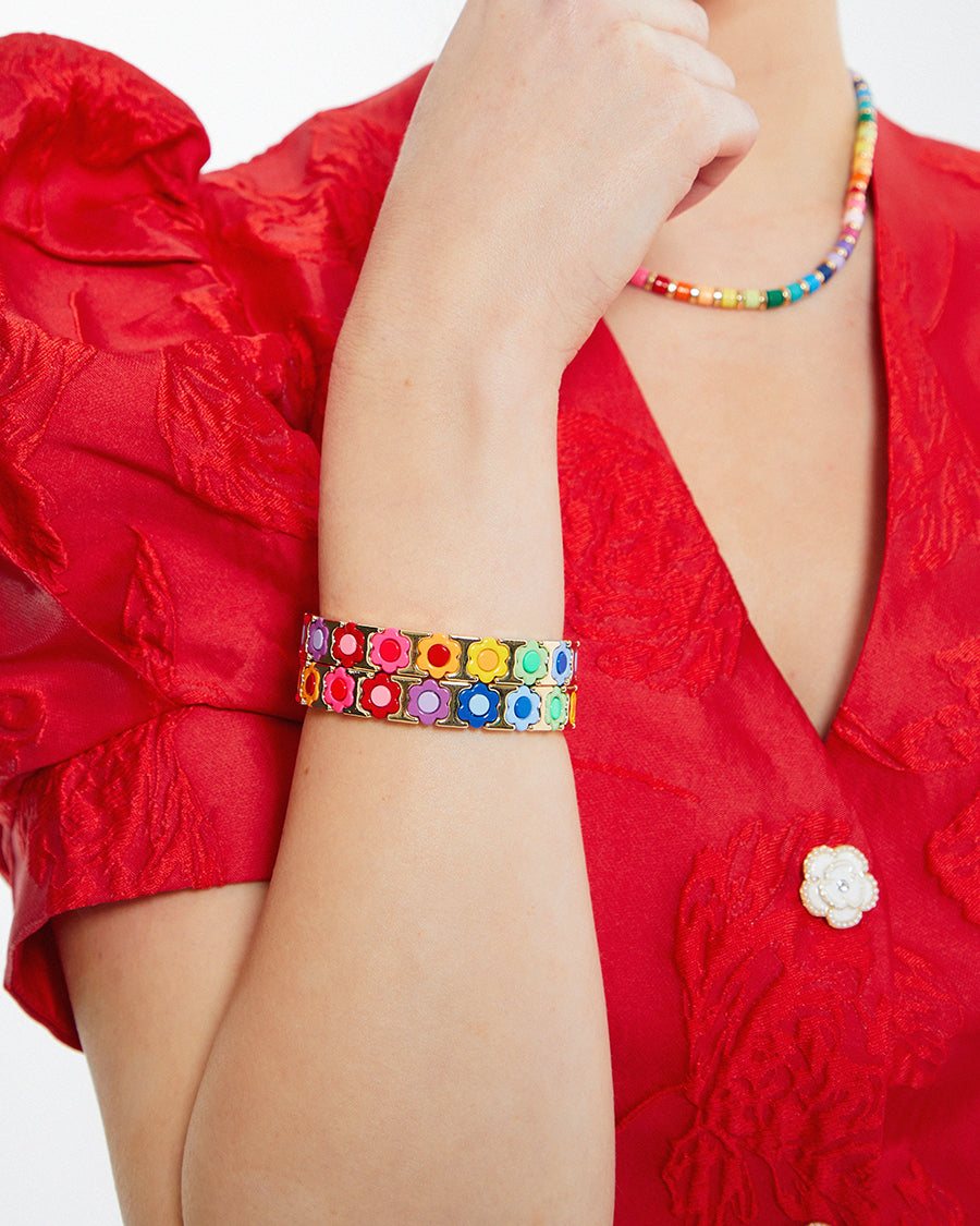 Multicoloured Rainbow Flower and Gold-Tone Metal Beaded Bracelet