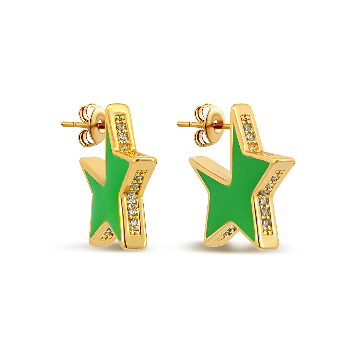 Neon Green Enamel Star Earrings Cubic Zirconia Edge