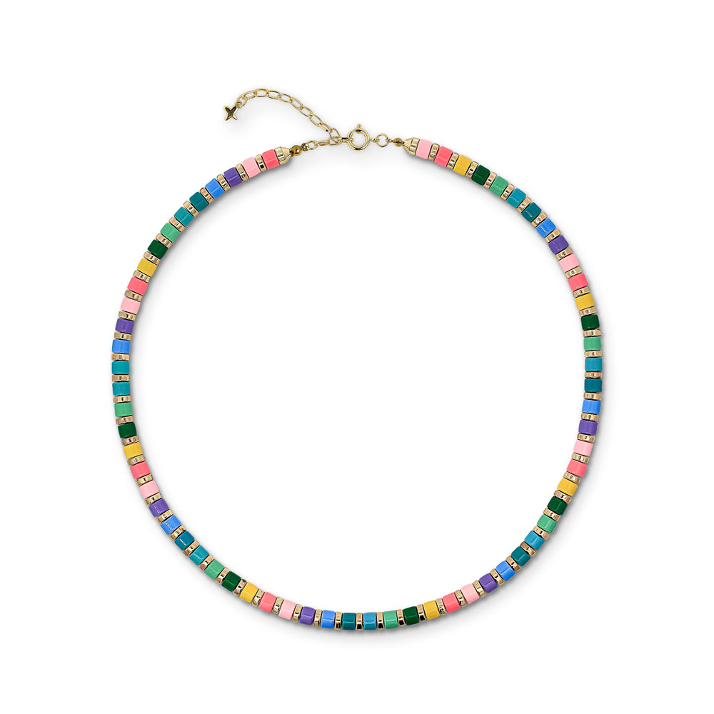 Multicoloured Pastel Rainbow and Gold-Tone Metal Beaded Necklace