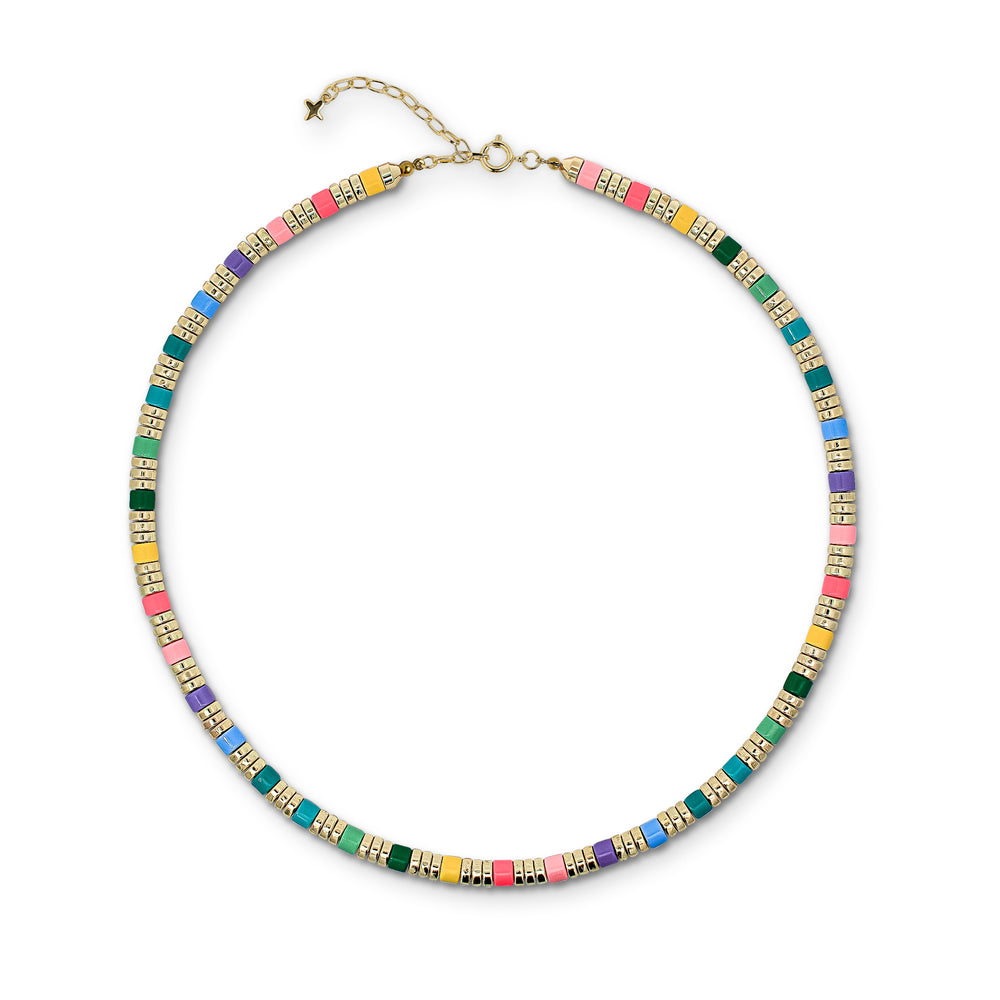 Multicoloured Pastel Rainbow and Gold-Tone Metal Beaded Necklace