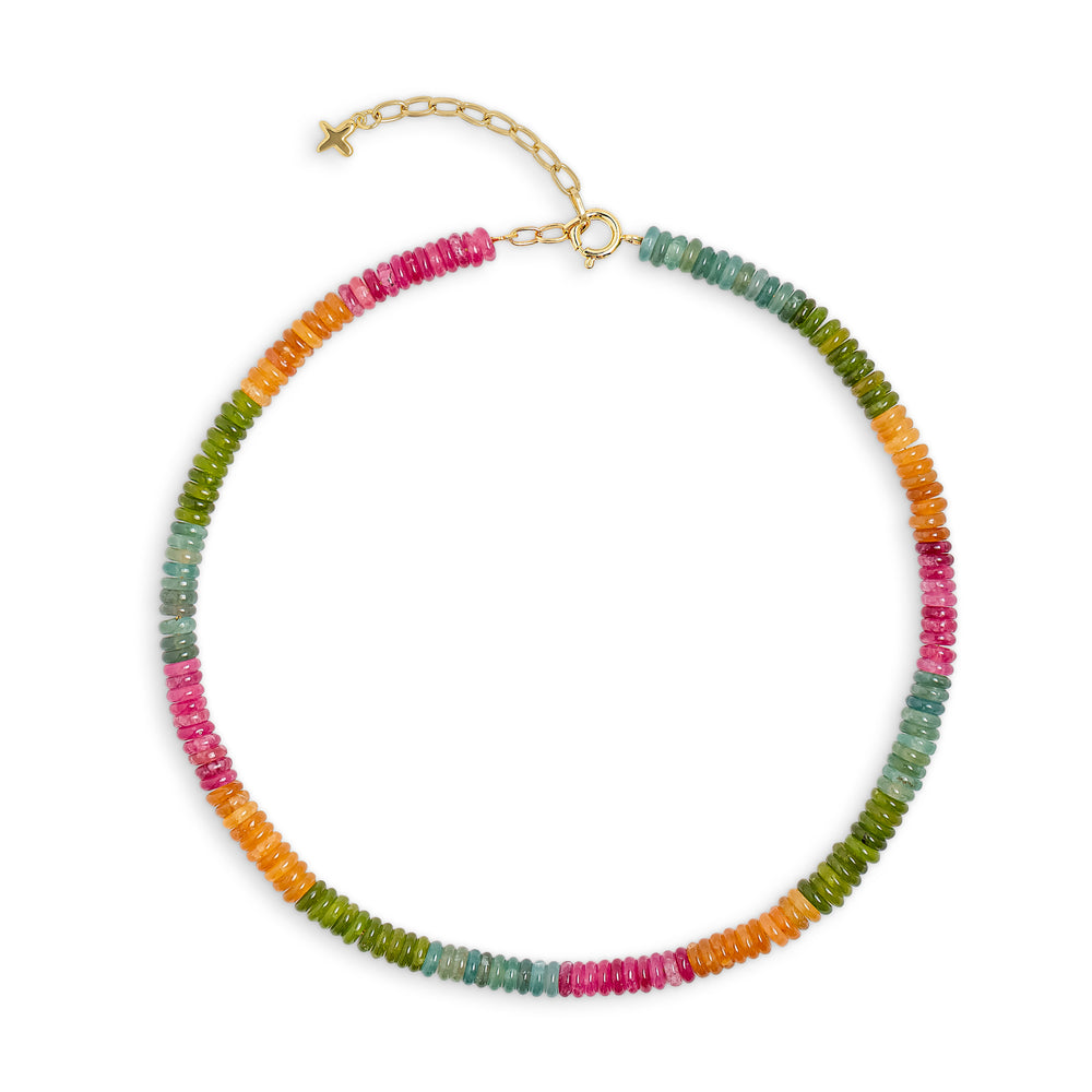Multicoloured Mixed Jade Stone Flat Beaded Necklace