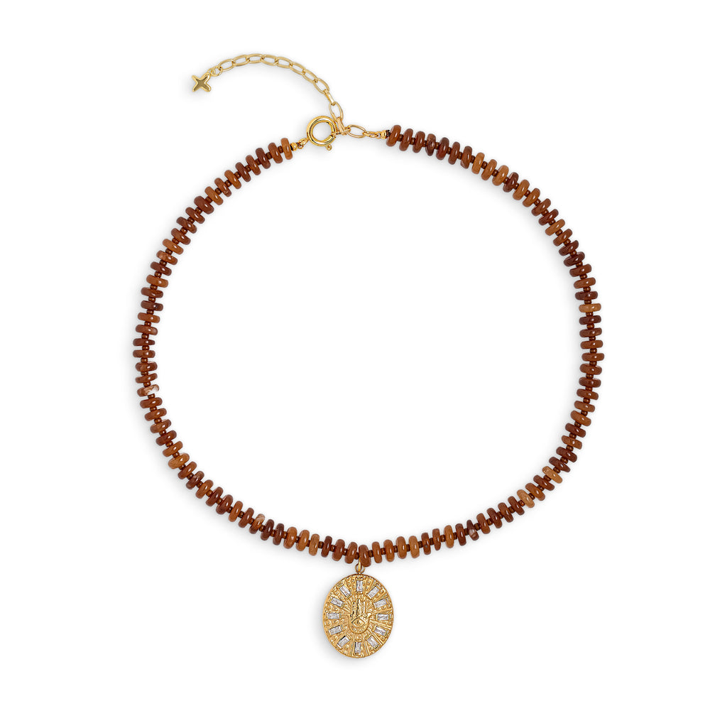 Brown Flat Jade Stone Beaded Charm Necklace
