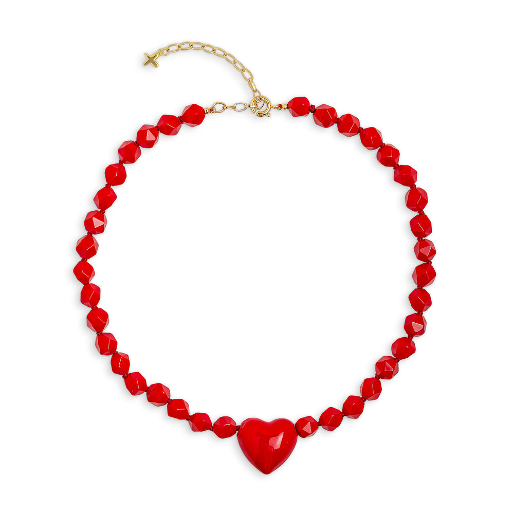 Red Jade Stone Chunky Heart Charm Necklace