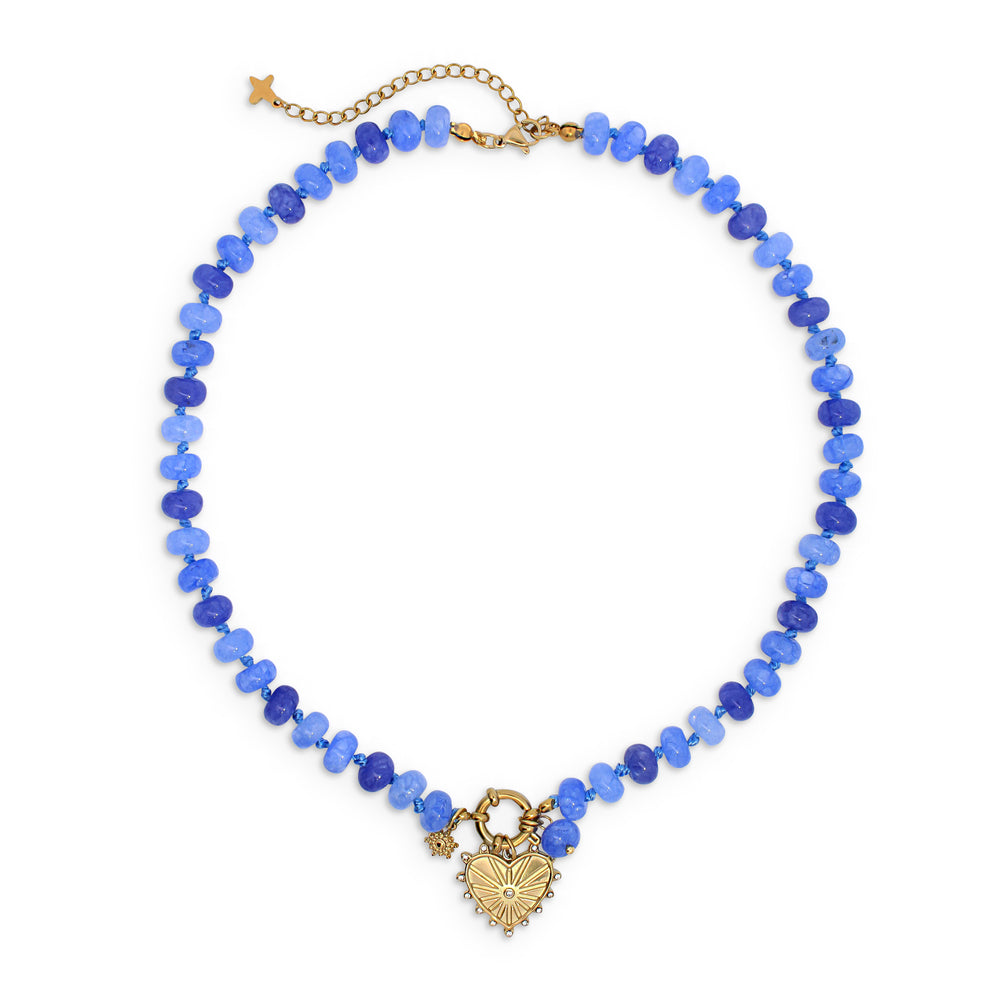 Blue Jade Stone Natural Beaded Heart Charm Necklace