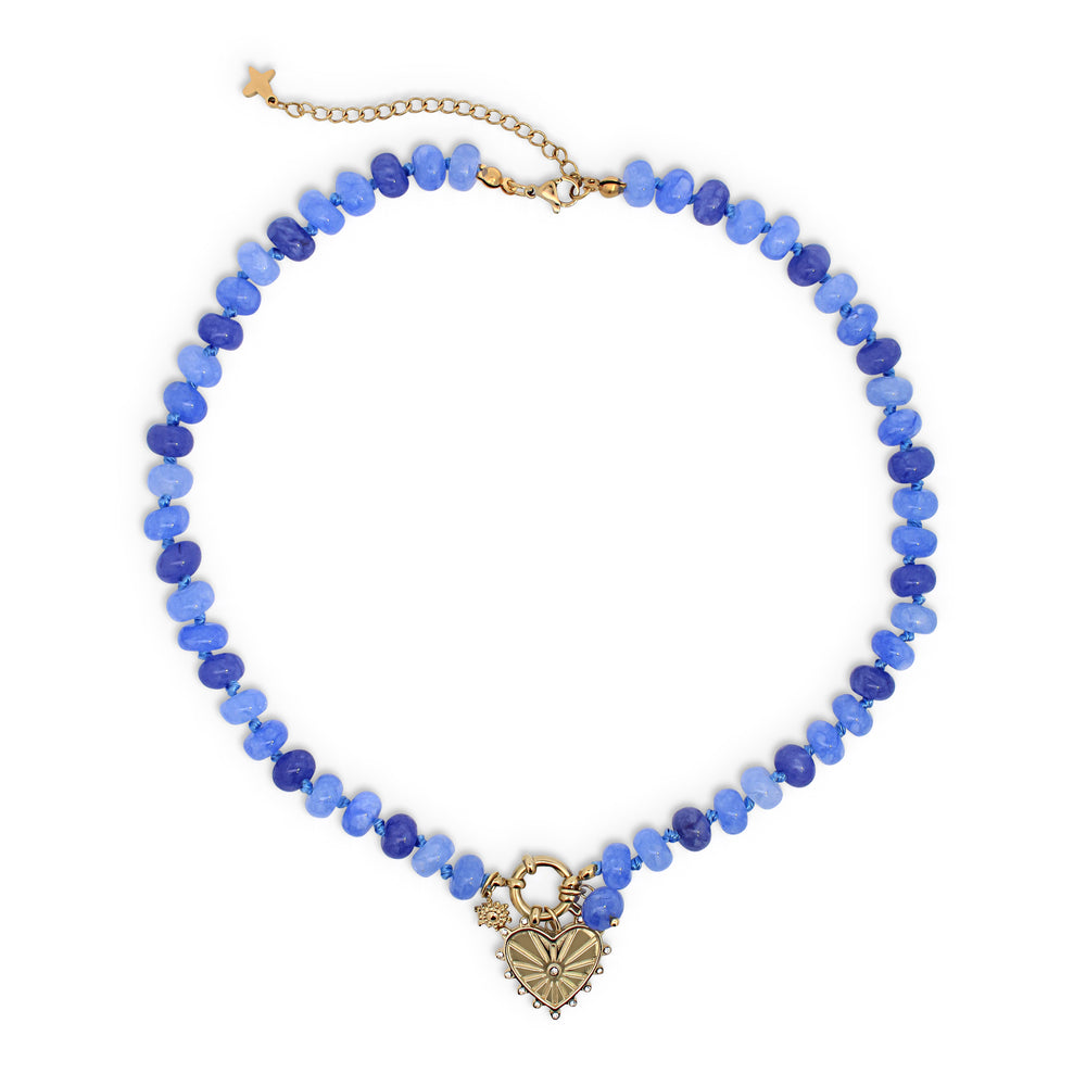 Blue Jade Stone Natural Beaded Heart Charm Necklace