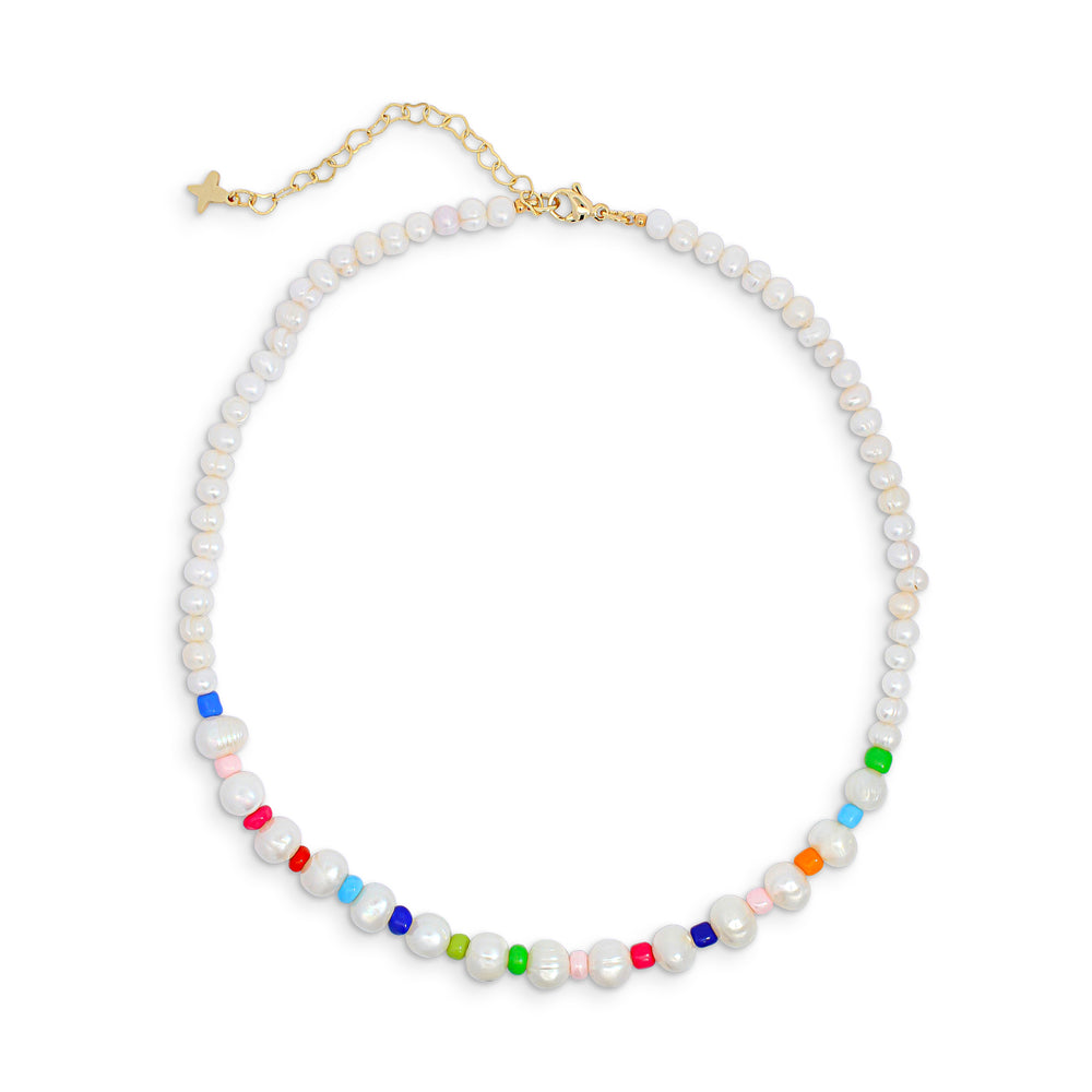 Multicoloured Glass Beads and Freshwater Pearl Necklace