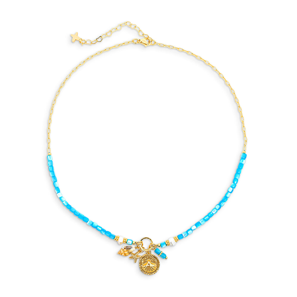 Mother of Pearl, Blue Bead, Shell & Charm Necklace