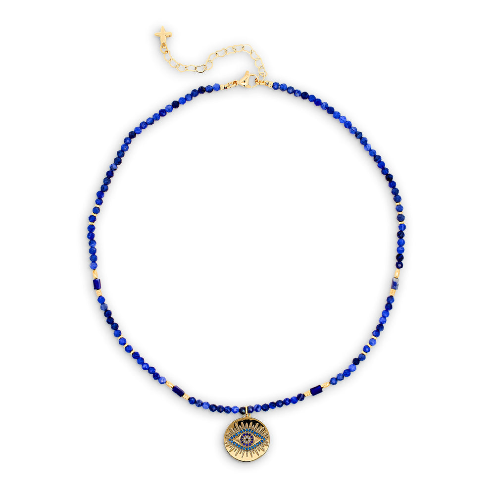Blue Natural Stones & Embellished Coin Charm Evil Eye Pendant