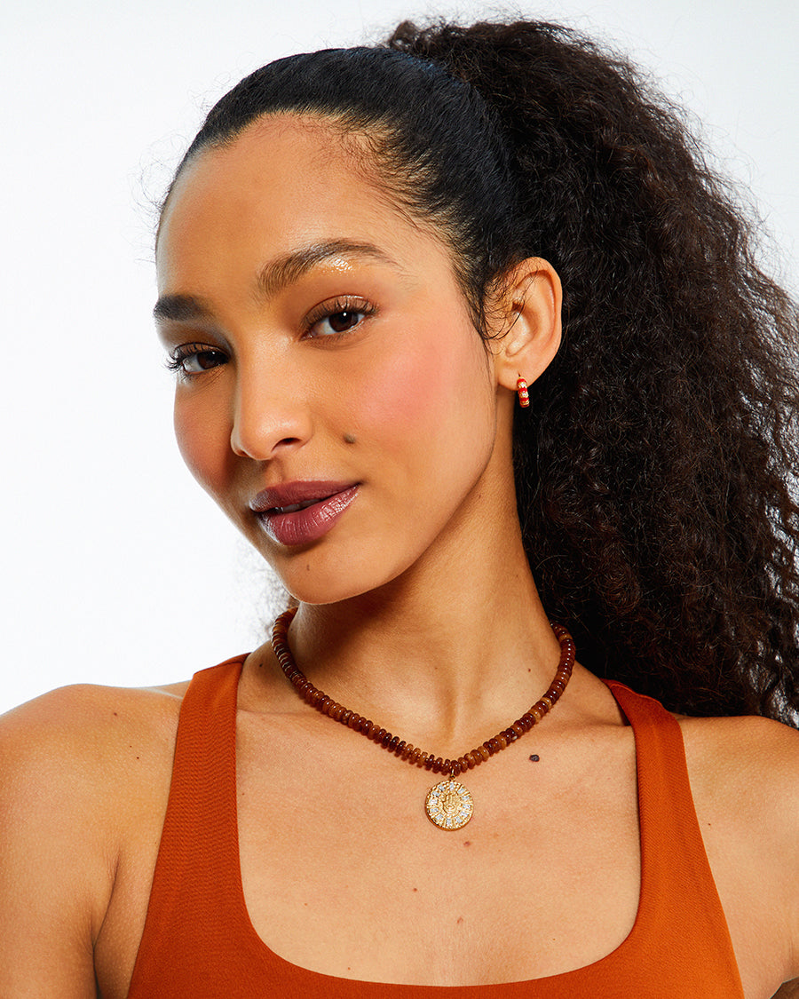 Brown Flat Jade Stone Beaded Charm Necklace