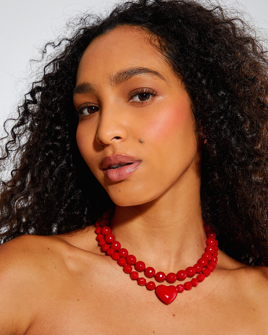 Red Jade Stone Chunky Heart Charm Necklace