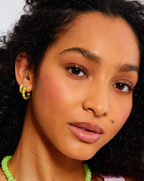 Neon Yellow Twisted Cubic Zirconia Huggie Hoop Earrings