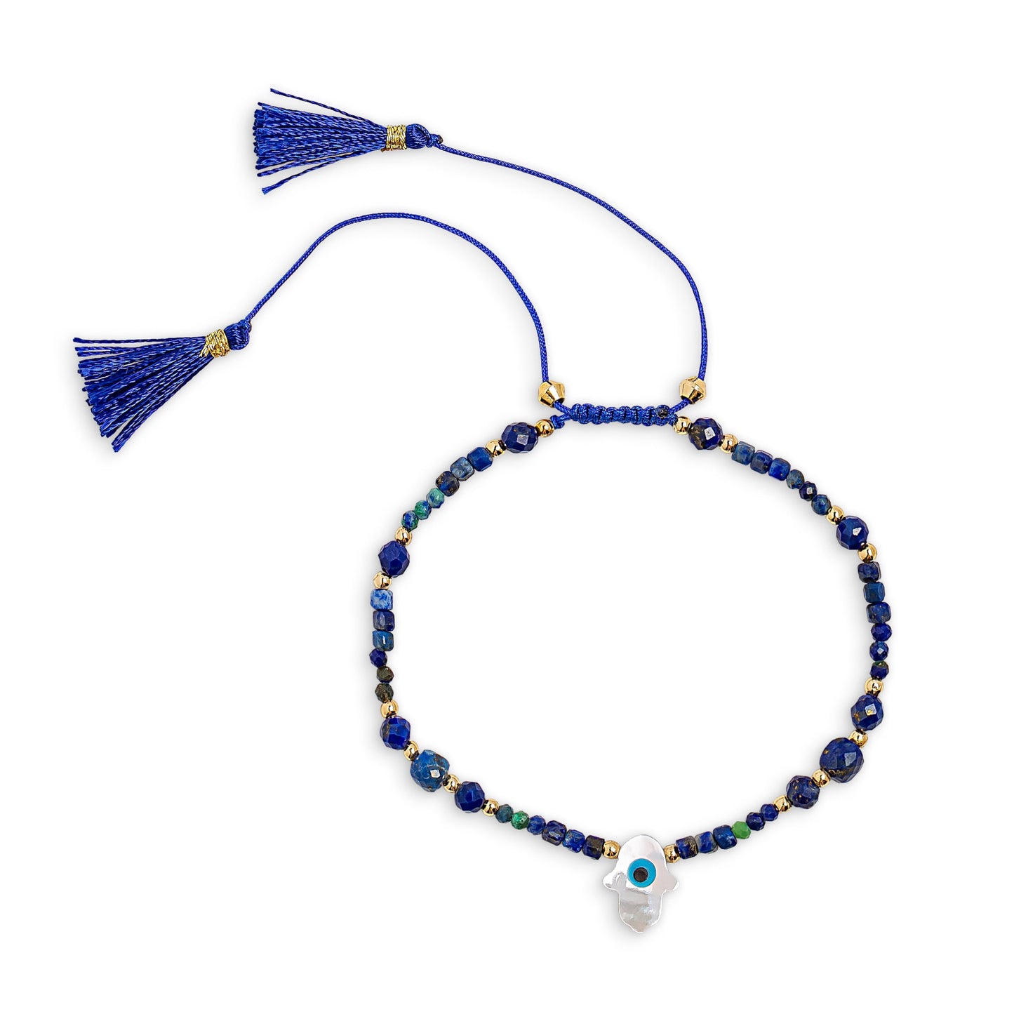 Blue Lapis Stone Hamsa Charm Adjustable Bracelet