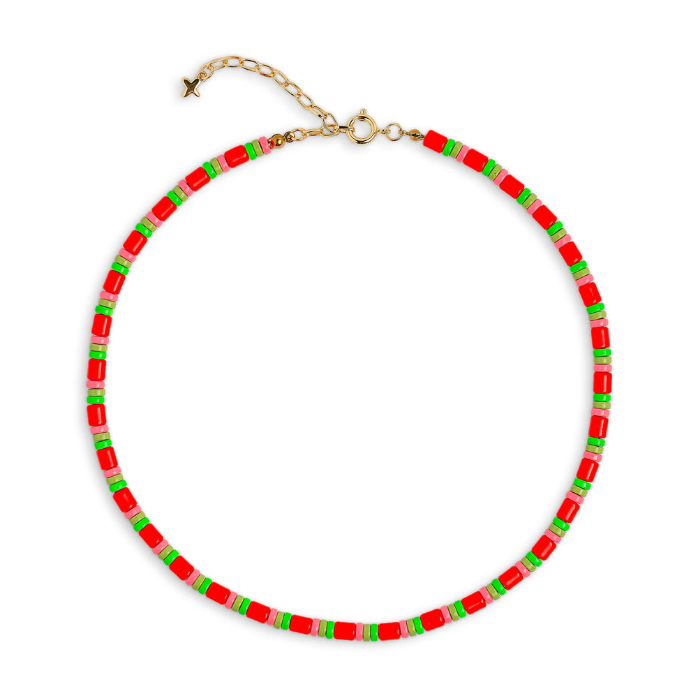Red, Pink and Green Enamel Metal Bead Necklace