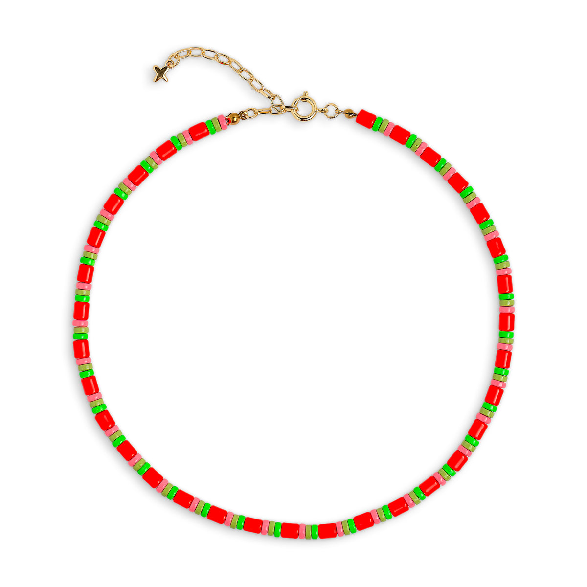 Red Pink Green Enamel Metal Bead Necklace