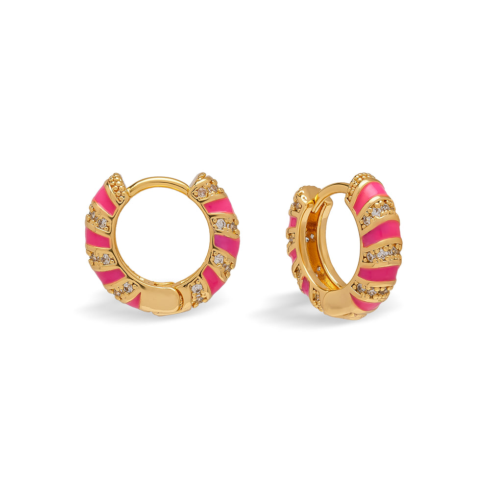 Neon Pink Twisted Cubic Zirconia Huggie Hoop Earrings