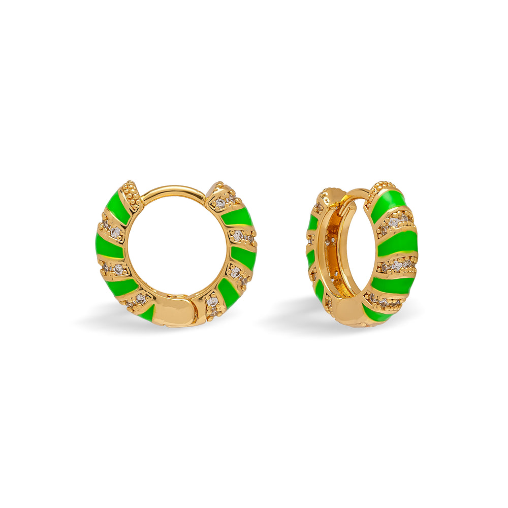 Neon Green Twisted Cubic Zirconia Huggie Hoop Earrings